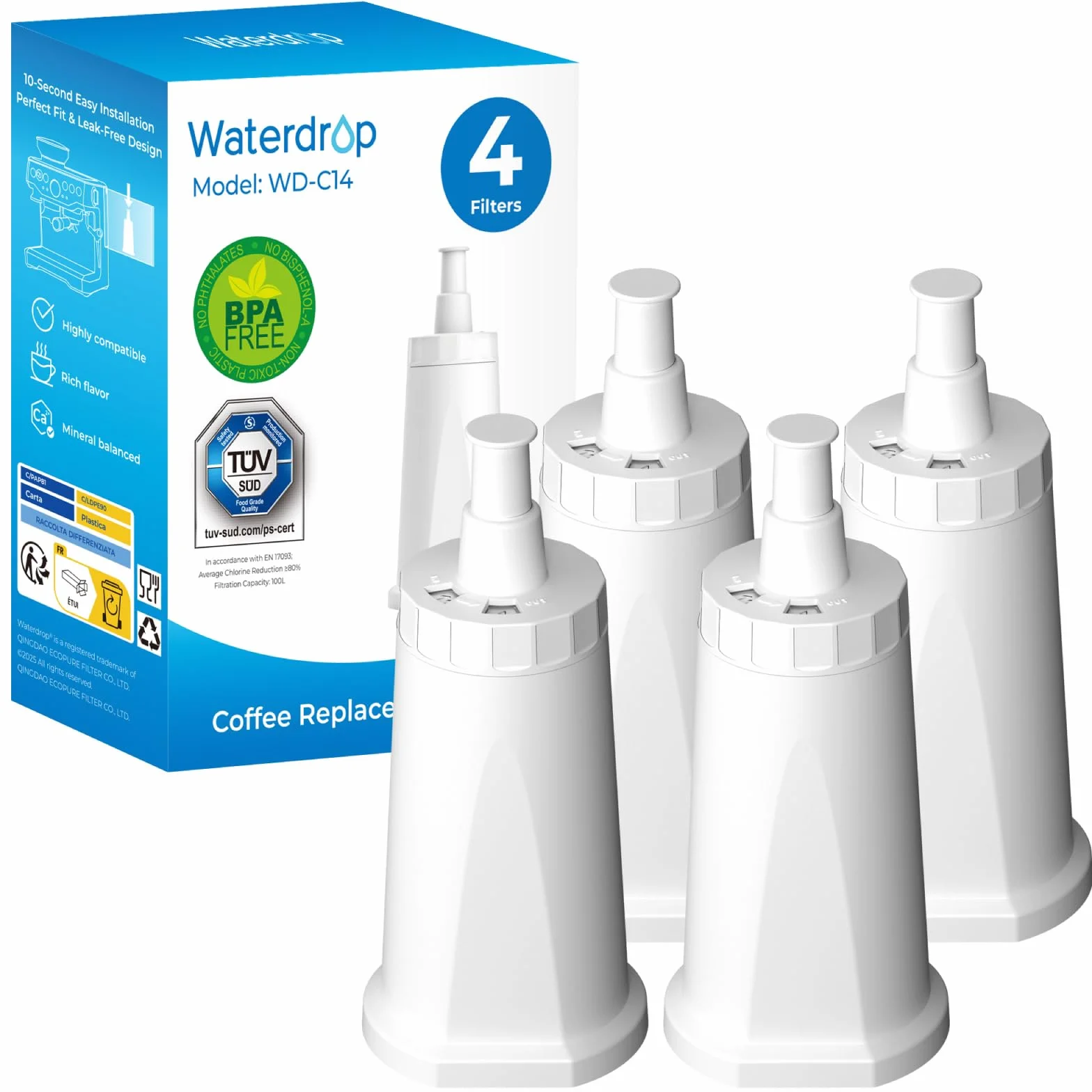 Waterdrop TÜV SÜD Filtro de Agua de Repuesto para Café Compatible con Sage® ClaroSwiss® Water Filter BES008 para SES810/SES875/SES880/SES920/SES980/SES990 (4)