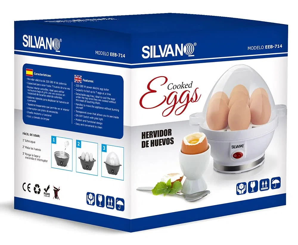 SILVANO Hervidor Eléctrico de Huevos con Capacidad hasta 7 Huevos - Potencia 320/380 W - Cuece Huevos Eléctrico Compacto (20x17x16,3cm) - 520 gr - Color Blanco