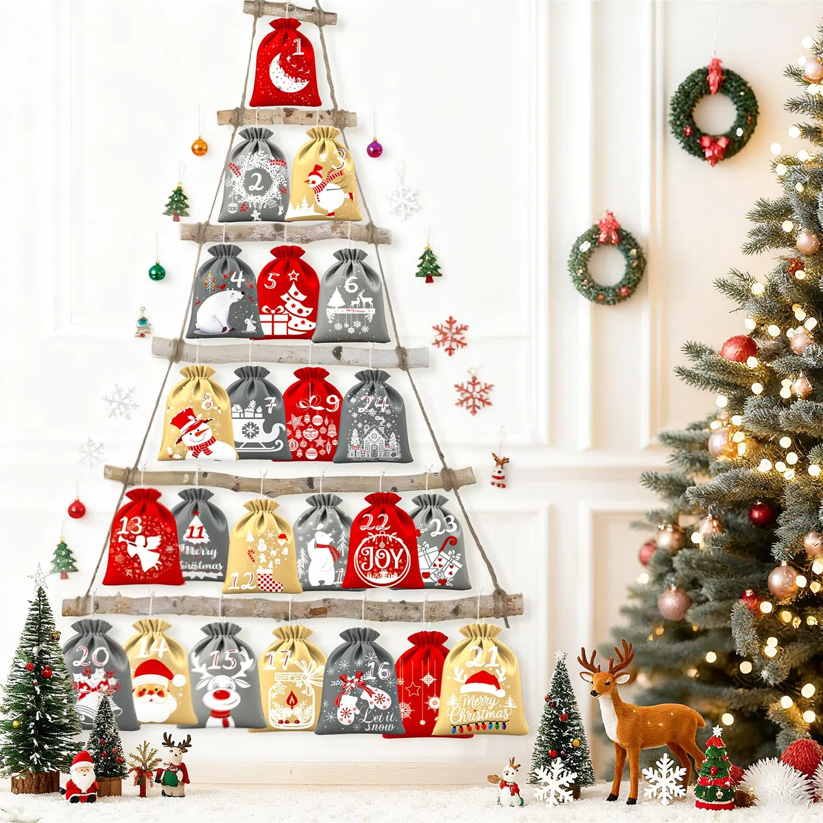 BoriYa Calendario Adviento para Rellenar - Terciopelo Bolsas Calendarios Adviento Vacio, DIY Calendario de Adviento Rellenable, Niños Bolsitas Calendario de Navidad para Rellenar 2025