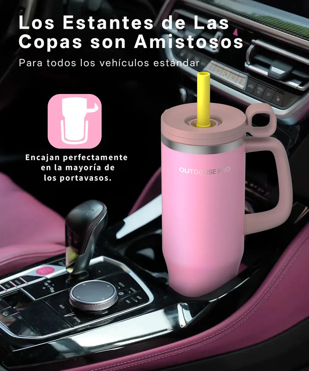 1200ml Taza Térmica - Vaso Térmico con Asa y Pajita - Termo Café sin BPA 1.2L - Taza para Beber Caliente y Frío - Rosa