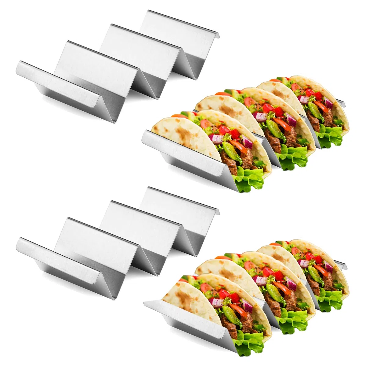 Soporte para Tacos, 4 Soportes para Tacos de Acero Inoxidable con Asas Incorporadas, Bandeja para Taco Burritos Tapas, Sujetar Tacos, Bocadillos, Perritos Calientes y Tortitas Seguro Horno y Parrilla