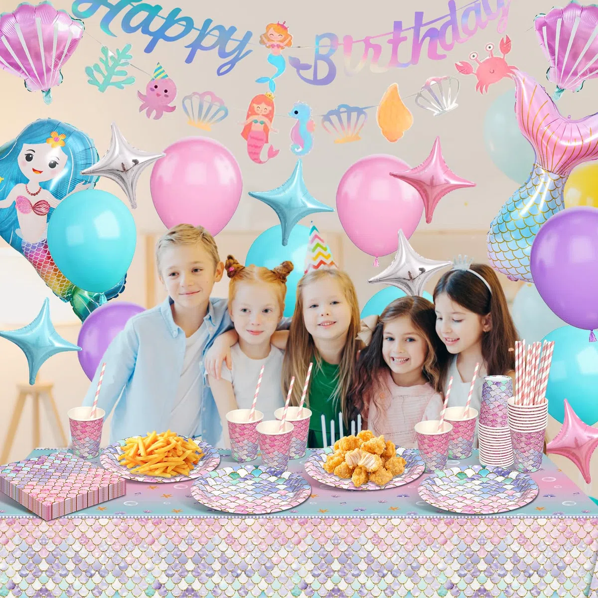 Sirena Vajilla y Decoraciones para Fiesta de Cumpleaños - 3 Años - Juego de Vajilla, Globos Decorativos para Niña - 16 Invitados