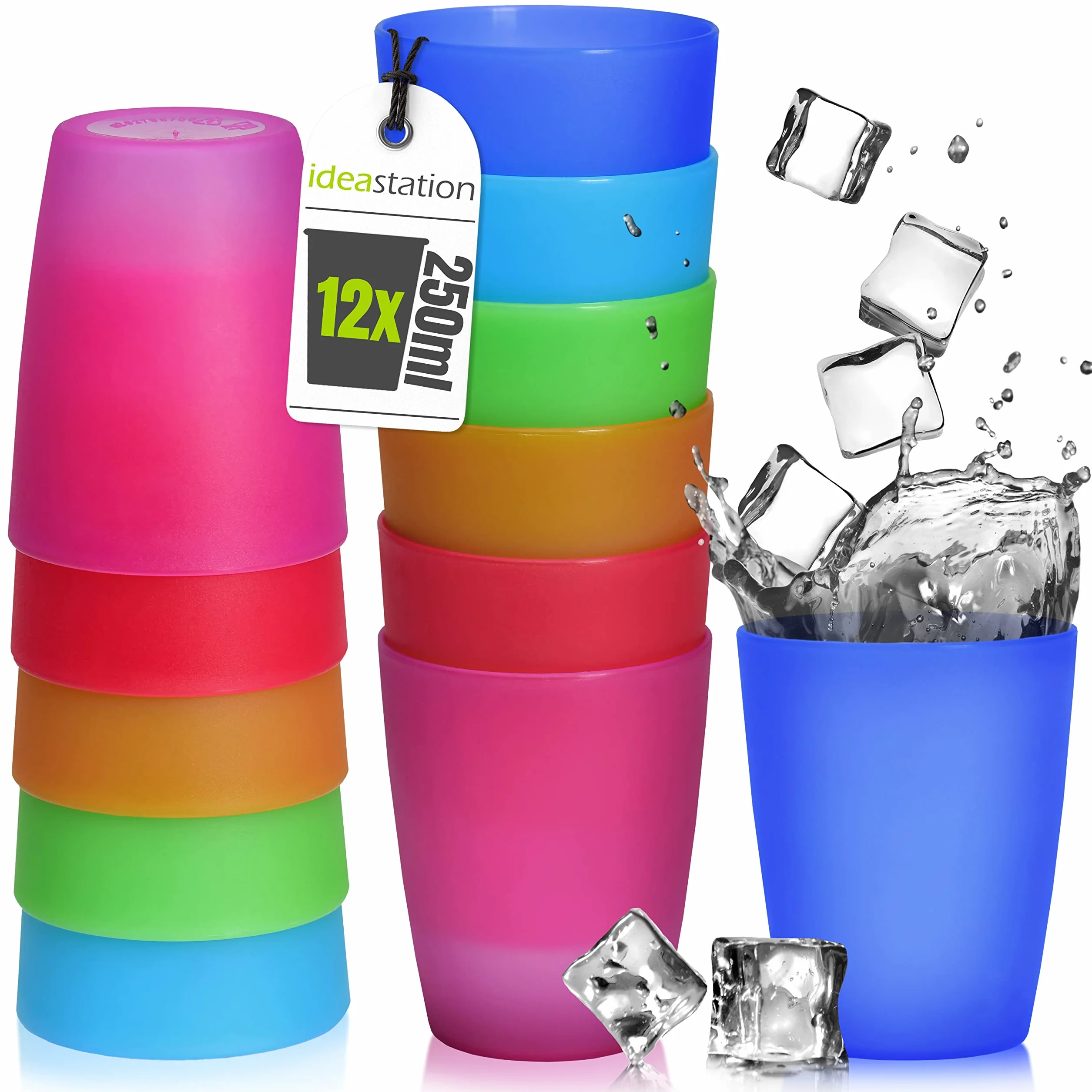 Neo vasos plastico duro 12 x 250 ml - colores - el juego de vasos irrompibles es perfecto para fiestas y uso al aire libre - ideal como vaso camping para viajes