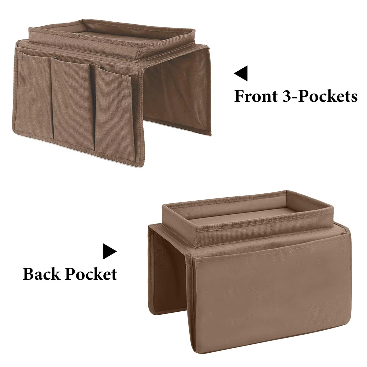 Colexy Organizador de Reposabrazos de Sofá con Bandeja, Soporte para Mando a Distancia de TV Bolsa de Almacenamiento del Sofá, Bolsa para Sofá para la Libros, Merienda, Gafas, Revistas (Café)