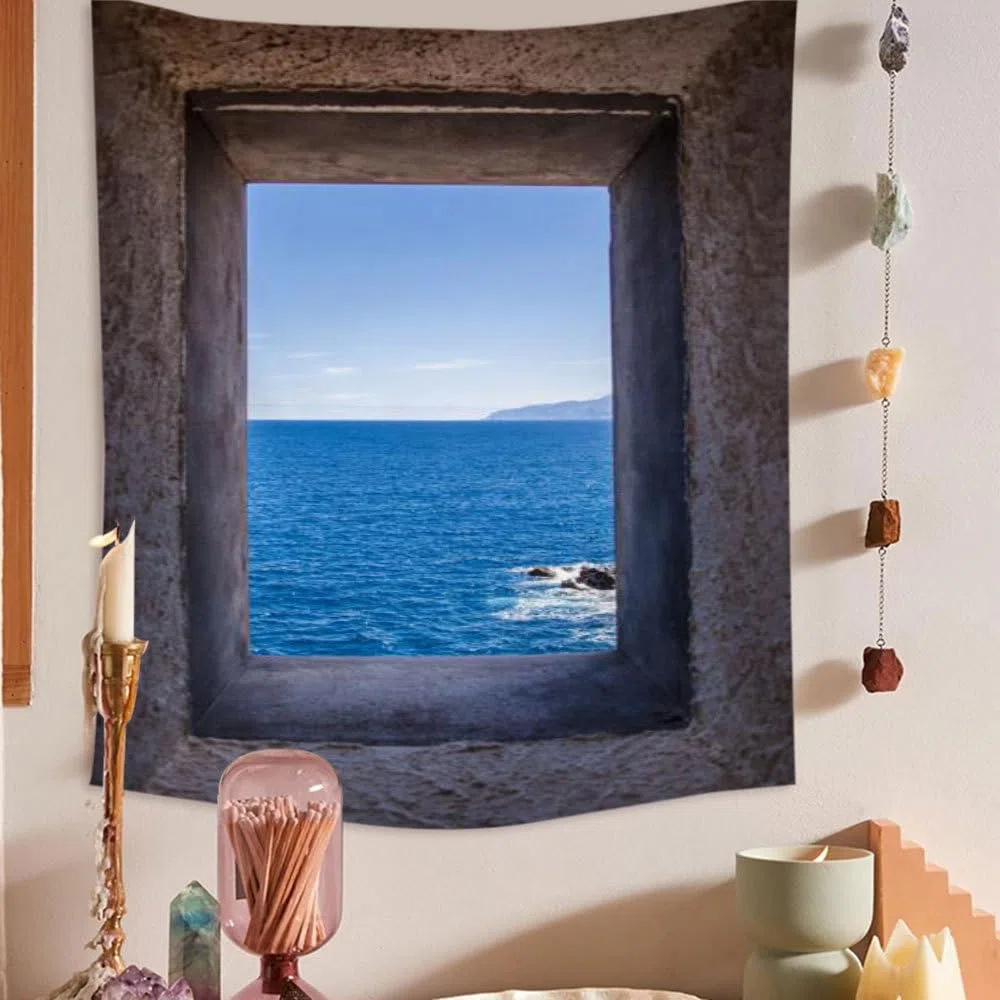 XIUYINHS Tapiz de naturaleza para ventana exterior, tapices de paisaje de playa, tapiz de pared con escenas, para decoración de oficina, dormitorio, interior y exterior, tapices de gran tamaño 1,5 m