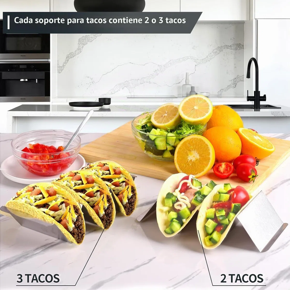 LATERN 6 Piezas Soportes para Tacos, 21CM x 10CM Soporte para Tacos de Acero Inoxidable Bandeja Vertical para 3 Piezas Tacos Elegantes Soportes con Asas - Apto para Horno, Parrilla y Lavavajillas