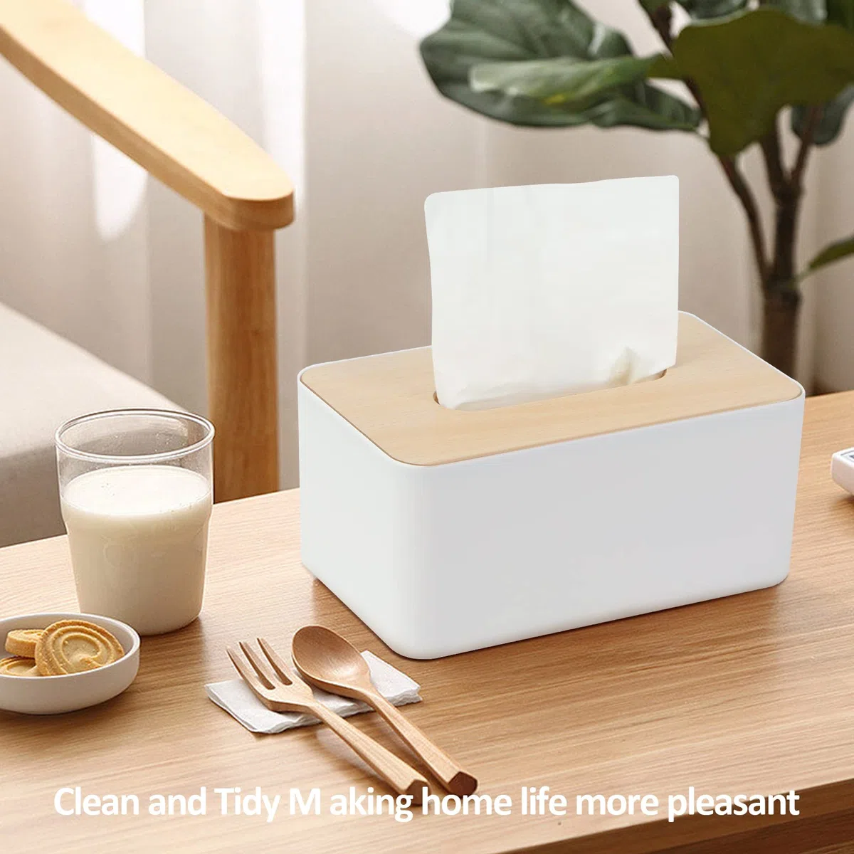 Caja para pañuelos, Caja Pañuelos Papel con Tapa de Bambú, Dispensador de Pañuelos de Papel para Baño, Salones, Coche, 21x13x10cm (Blanco)