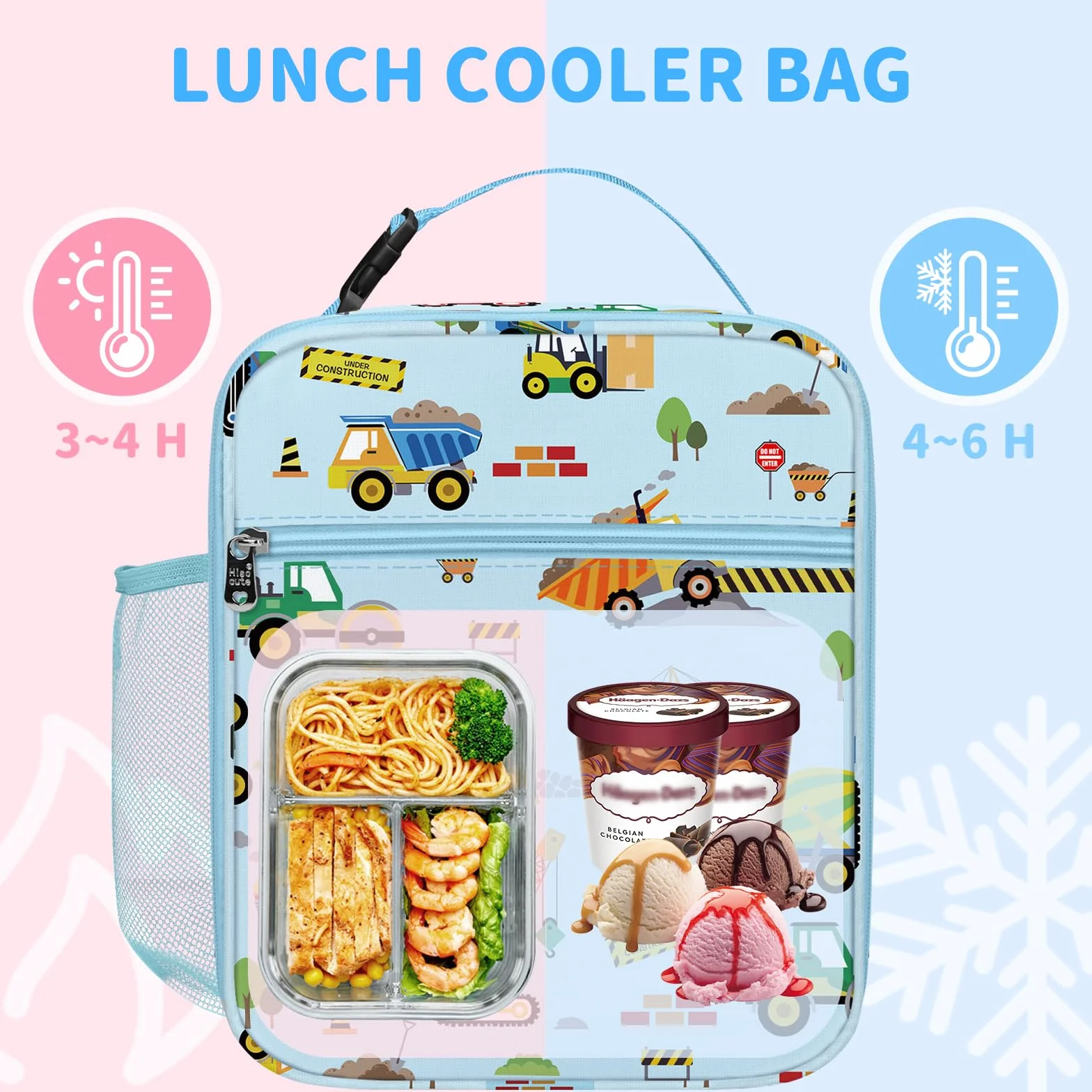 Clastyle Bolsa Termica Porta Alimentos Infantil Coche Bolsa Almuerzo Bebe Pequeña Portátil Bolsa Comida Niños para Escolar Picnic, Construcción Azul