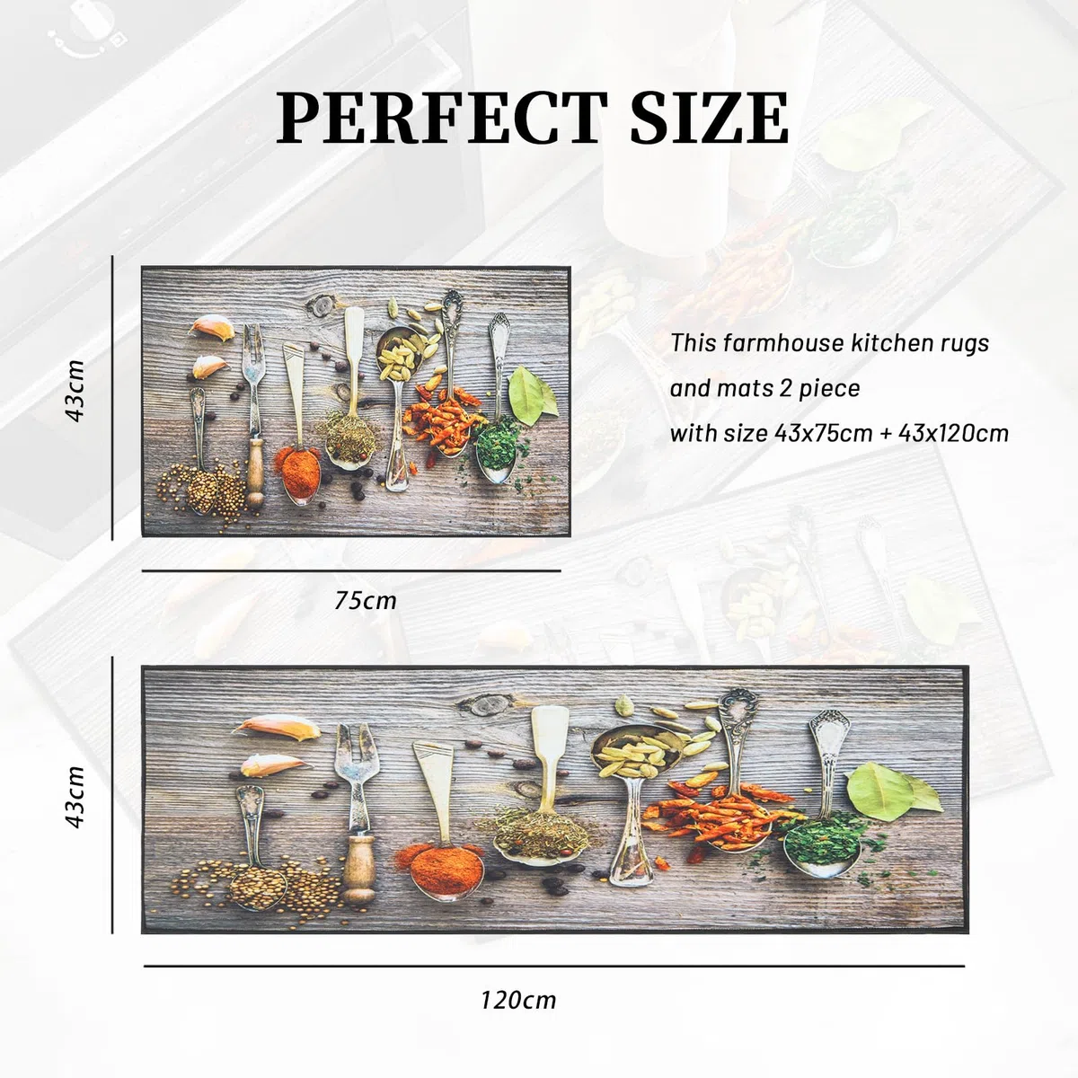 Juego de Alfombras de Cocina Antideslizantes de 2 Piezas, Tapete Cocina Antideslizante Resistente al Aceite, Adecuado para Cocina, Baño, Sala de Estar, 43x75 + 43x120 cm