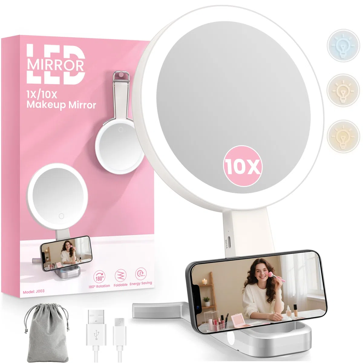 Espejo Maquillaje con Luz, 1X/10X de Doble Cara Espejo Tocador con Luz, Espejo Maquilhagem con 3 Modos de Iluminación, Espelho Luces Maquillaje con Aumento,USB,Sobremesa,Portátil para Viajes