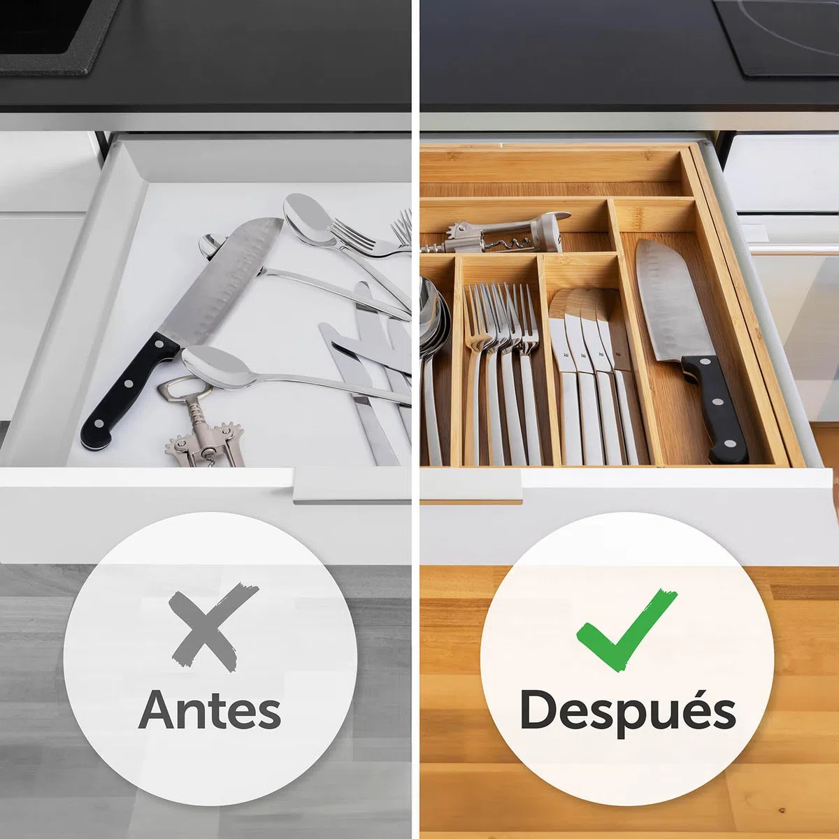 Blumtal Organizador Cubiertos de Bambú - Cuberteros para Cajón Cocina Ajustable - Organizador Cajones Cocina de 5 a 7 Compartimentos - Porta Cubiertos - Mediano