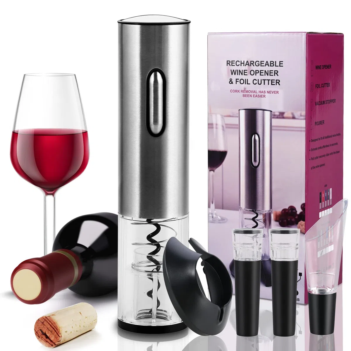 Cieex Set Sacacorchos Eléctrico Juego de Regalo con Abridor de Vino de Acero Inoxidable Cortacapsulas Botella, Vertedor de Vino, Tapón de Vino de Vacío para Amantes del Vino (Recargable)