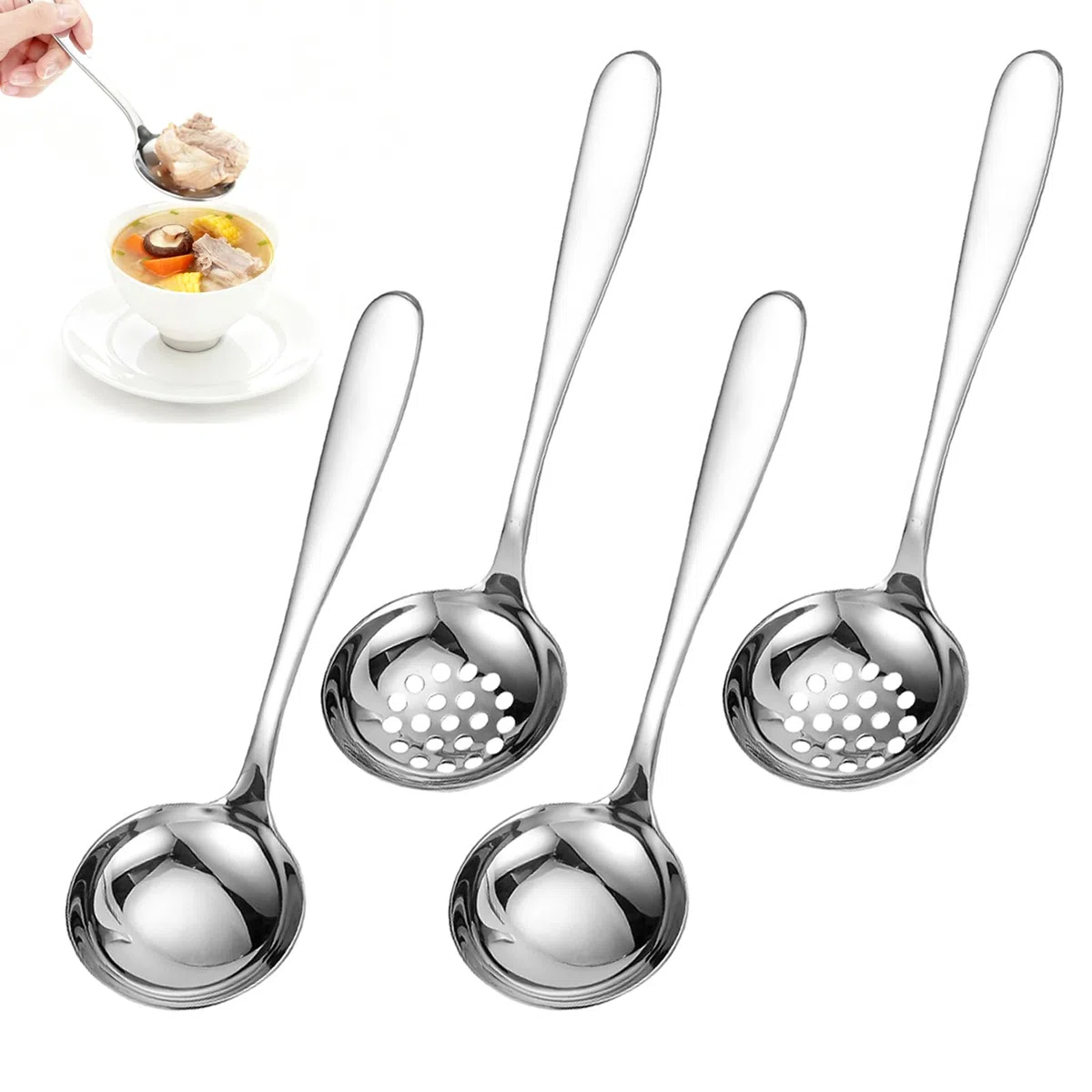 Cucharón Acero Inoxidable 4PCS Cucharón de Salsa de Acero Inoxidable Cucharón de Salsa Plateado Cucharones de Cocina Cuchara Ranurada para Cucharar Aderezos Sopas Salsas y Aliños
