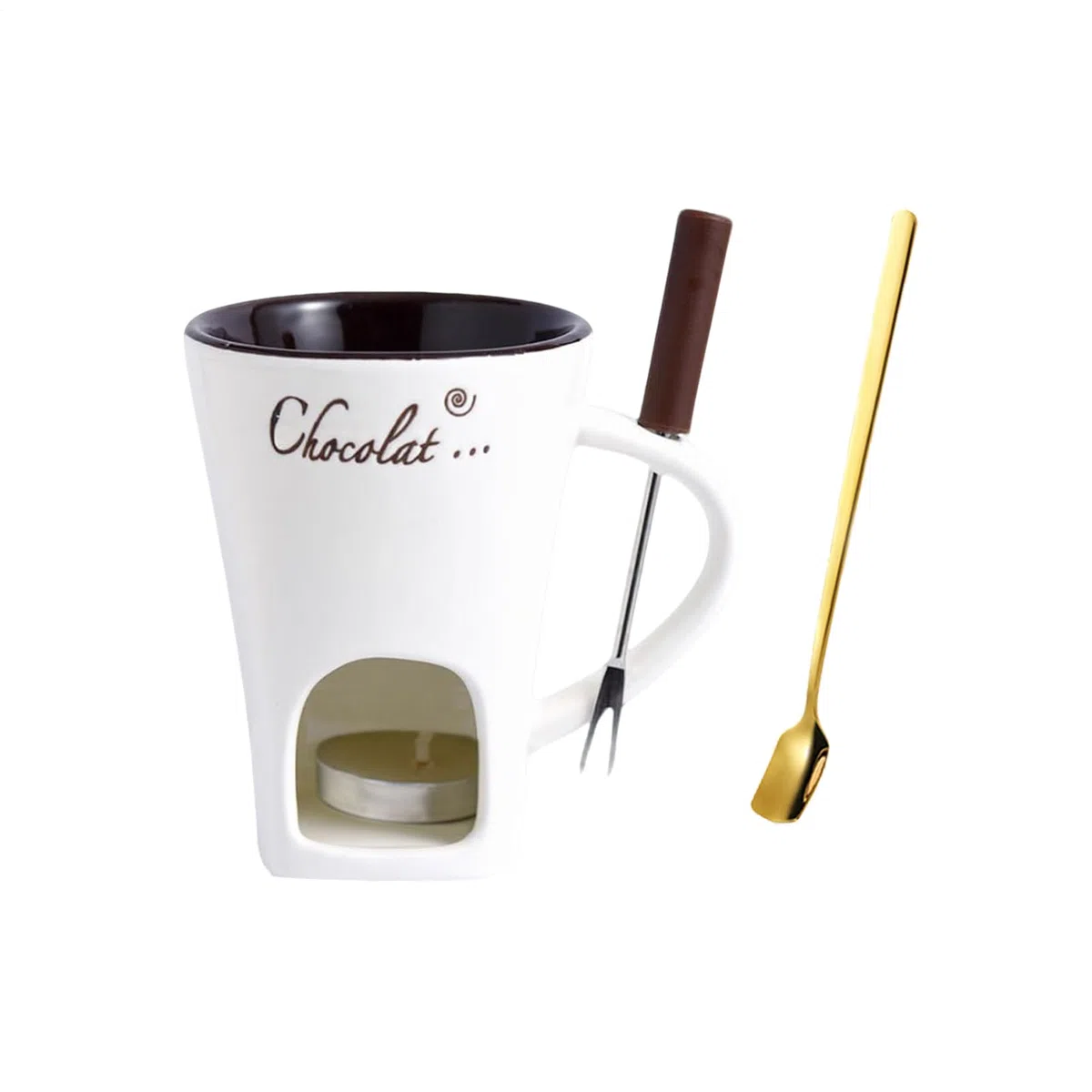 Taza de fondue de chocolate con tenedores y cuchara, calentada, multifunción, taza de cerámica para calentar mantequilla, taza para dulces y fiestas de caramelo