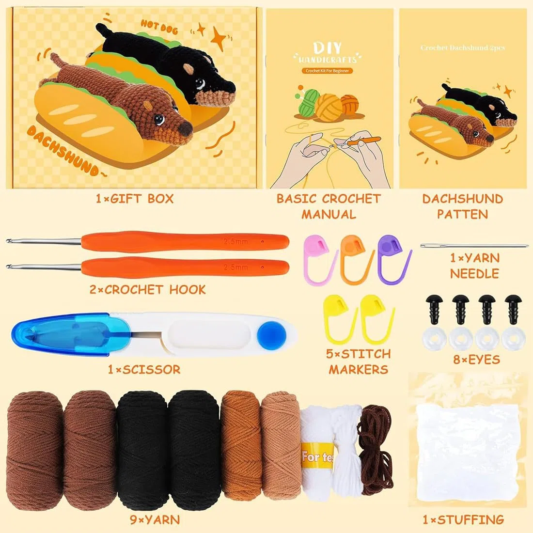 Kit de Crochet para Principiantes, Set Completo con Patrón de Perro Salchicha, Tutorial en Video Paso a Paso, Manual de Crochet, Ideal para Crear Amigurumi y Aprender Crochet