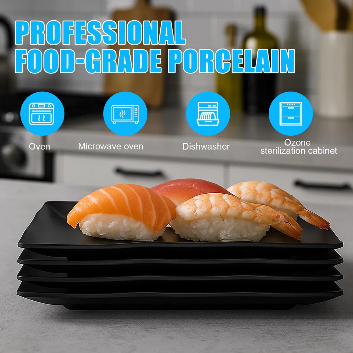 4 platos rectangulares de color negro, platos de melamina, platos para entrantes, platos de postre, platos de aperitivos para sushi, pasteles, ensaladas, frutas, antipasti y guarniciones