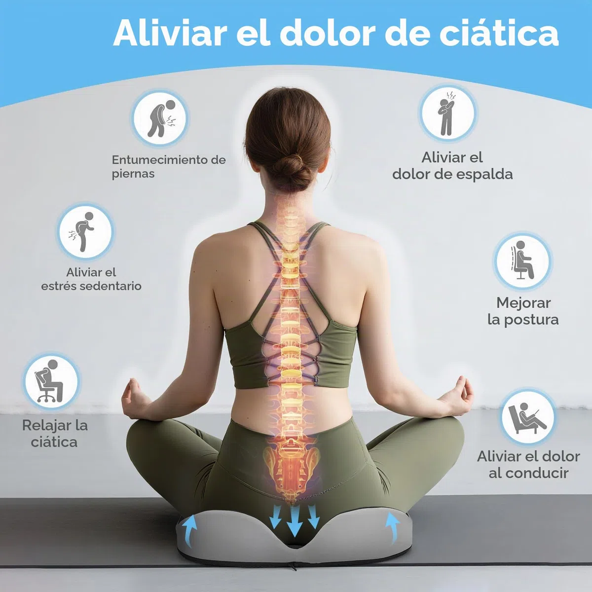 Cojín de asiento de espuma viscoelástica, cojín ergonómico para el dolor de coxis y alivio de la ciática, cojín de alivio de presión de hemorroides, cojines de asiento de coche para conducir