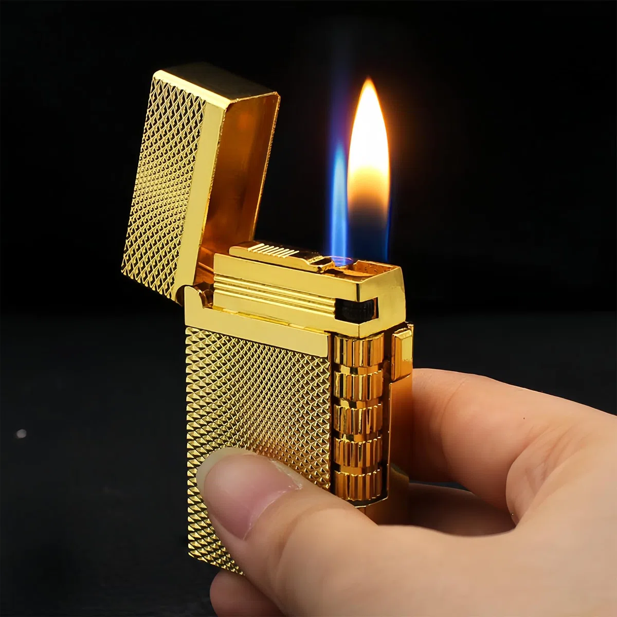 Mechero Inflable Clásico Retro: Mechero Llama Conmutable, Encendedor Flip, Encendedor de Butano Recargable para Velas, Cocina, Barbacoa, Regalo para Hombre Mujer (Vendido sin Gas, Oro)