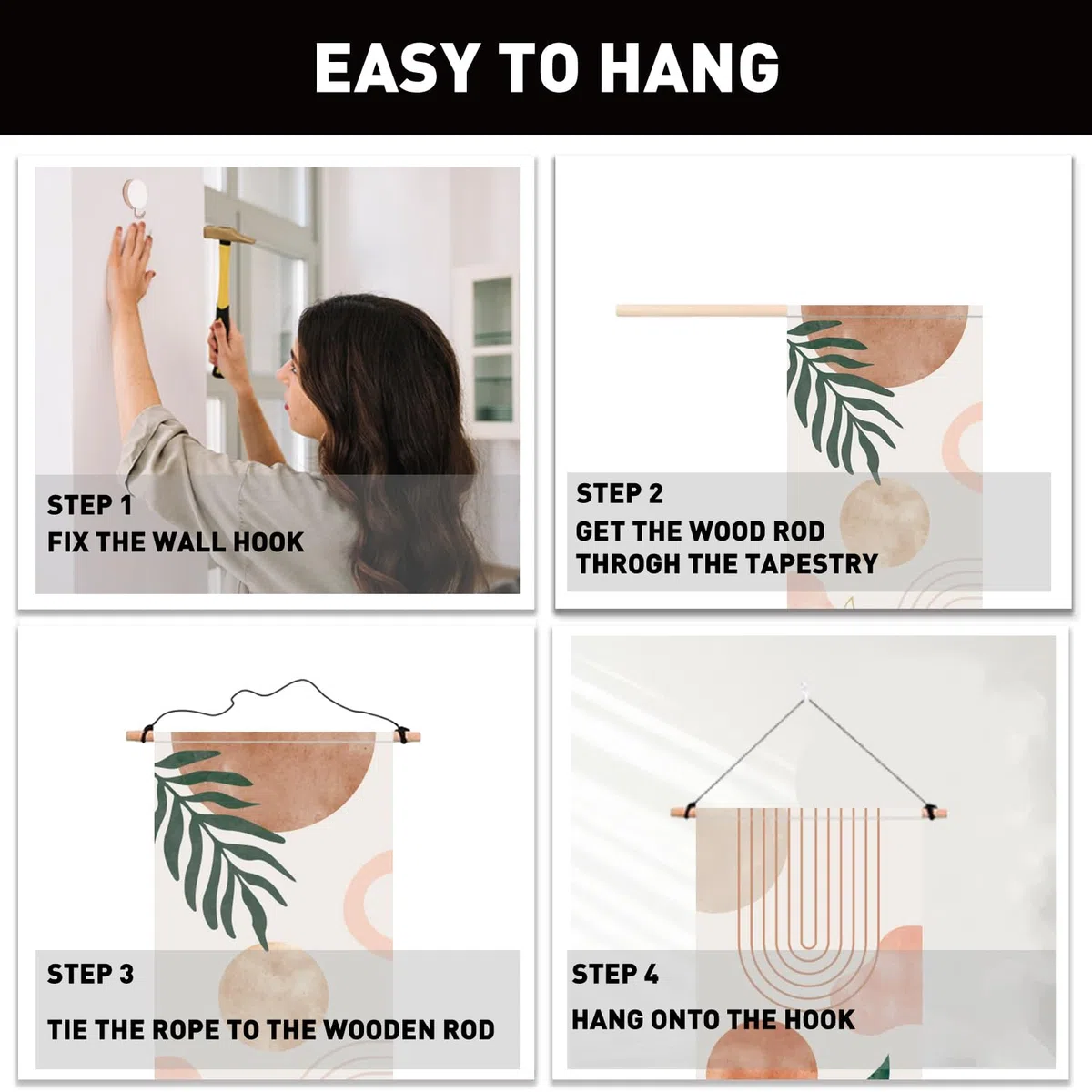 PLIGREAT Paquete de 2 tapices bohemios con borlas, 132 x 33 cm, diseño de plantas estéticas para colgar en la pared, abstracto, vertical, para dormitorio, sala de estar, baño, decoración artística