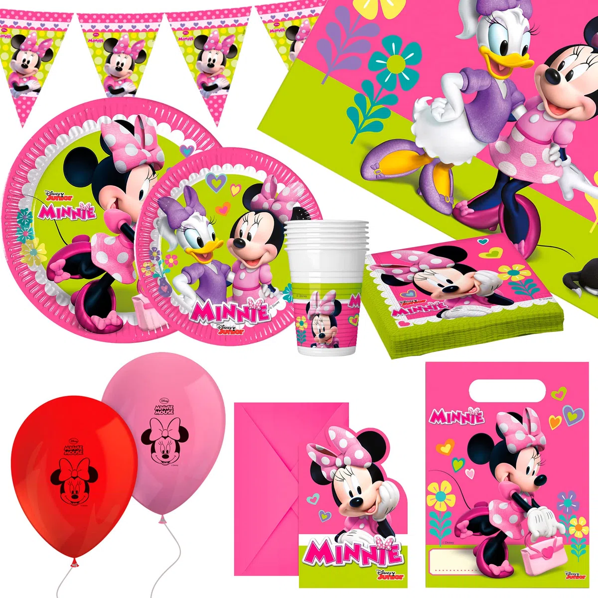 Disney - Set de fiesta Minnie Mouse, Decoración cumpleaños Minnie Mouse, Kit fiesta de cumpleaños, Vajilla infantil desechable, (globos, platos, banderines, vasos, servilletas), 8 comensales, (71994)