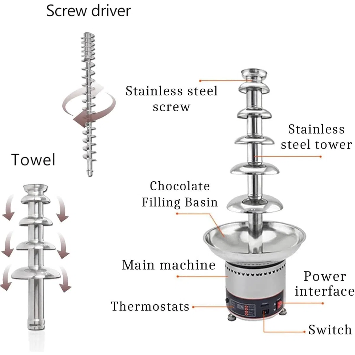 Máquina de fuente de chocolate, fuente de fusión eléctrica de 4/5/6 niveles con temperatura ajustable, cascada de fondue de acero inoxidable para fiestas, restaurantes y bodas