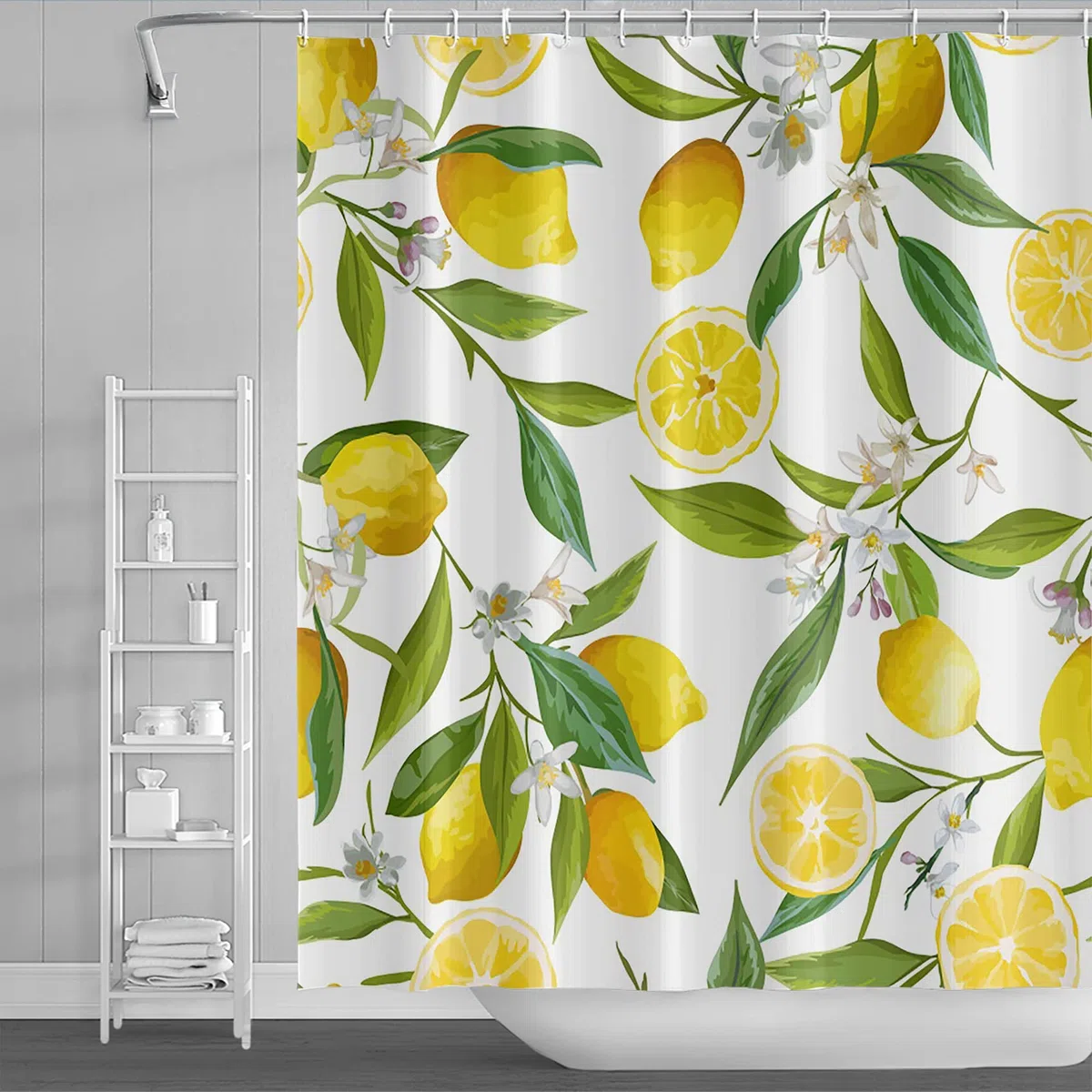 152x183cm Árbol de limón Amarillo Flor Cortina de la Ducha Hojas Verdes De Verano Fruta Planta Botánica Ramas los árboles Fondo Blanco Cortina de baño para decoración del baño con Ganchos