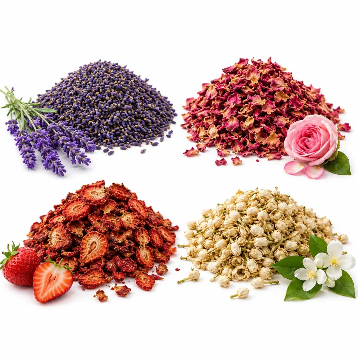 Ambientador de Flores Secas Perfumadas (Pack 4 x 70g) - Potpourri Aromático Decorativo para Armarios, Cajones y Hogar - Aromas Lavanda, Rosa, Fresa y Jazmín - Hecho en España