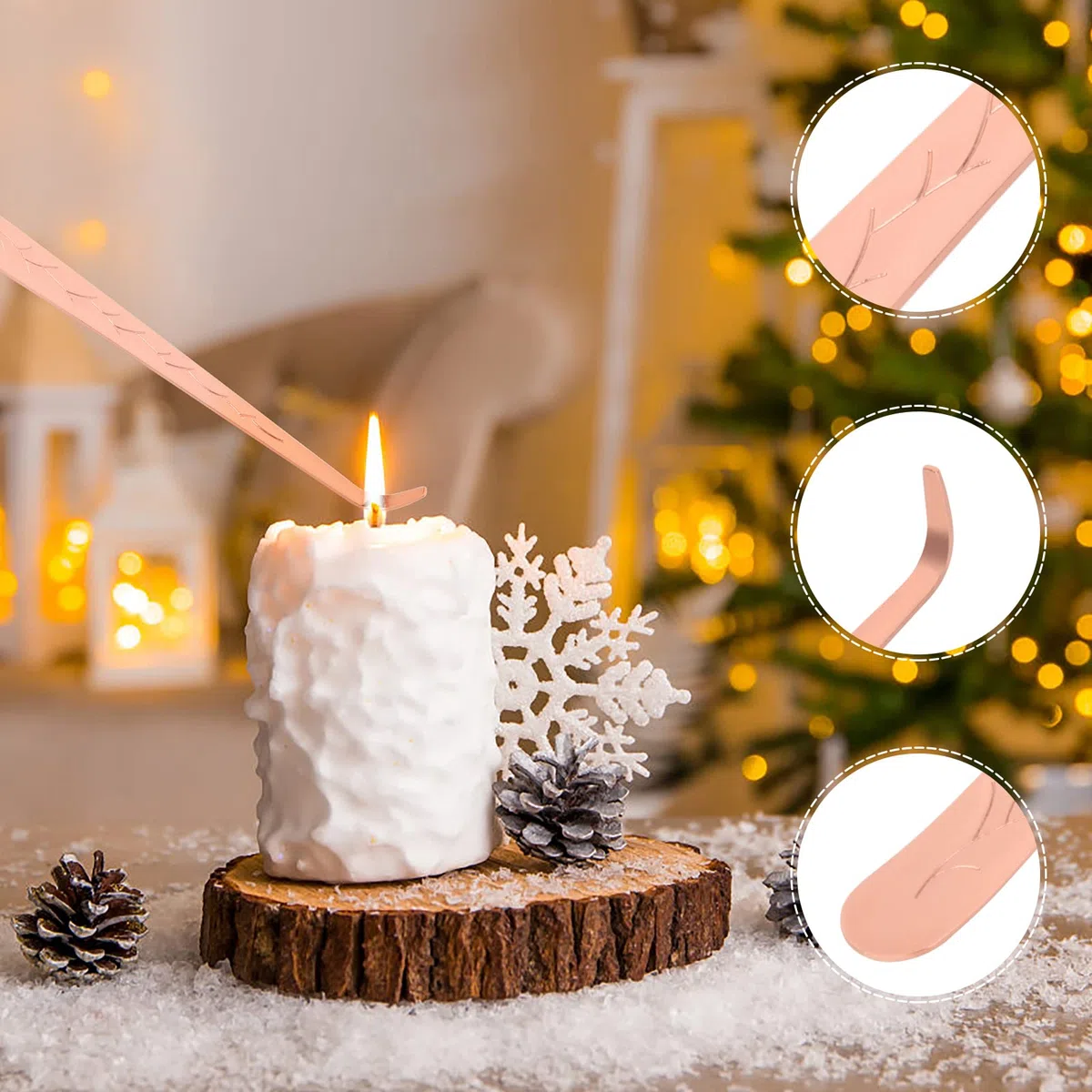 Apagador de Velas, 3 en 1 Set de Herramientas para Velas Apaga con Recortador de Mechas Apagavelas y Cazo Mecha de Vela, Tijeras para Velas, Candle Snuffer, Candle Wick Trimmer (Oro Rosa)