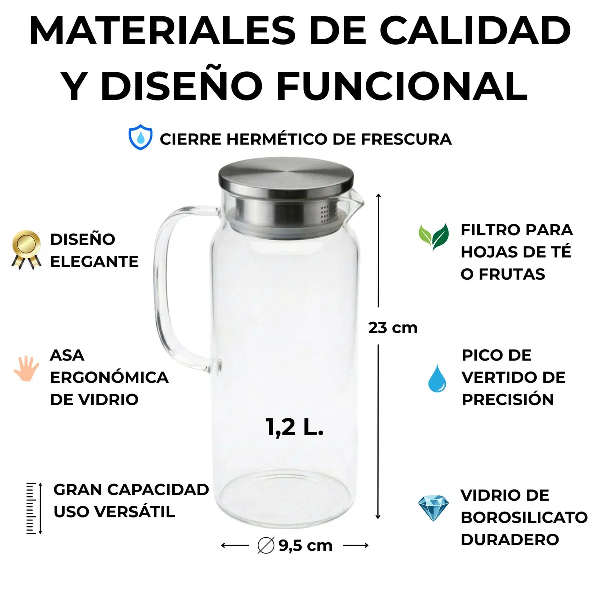 Jarra de Agua Cristal 1,2L con Tapa de Acero Inoxidable. Jarra de Agua en Vidrio Borosilicato Resistente al Calor, Botella Cristal Reutilizable, Vida Saludable. (1,2 Litros)