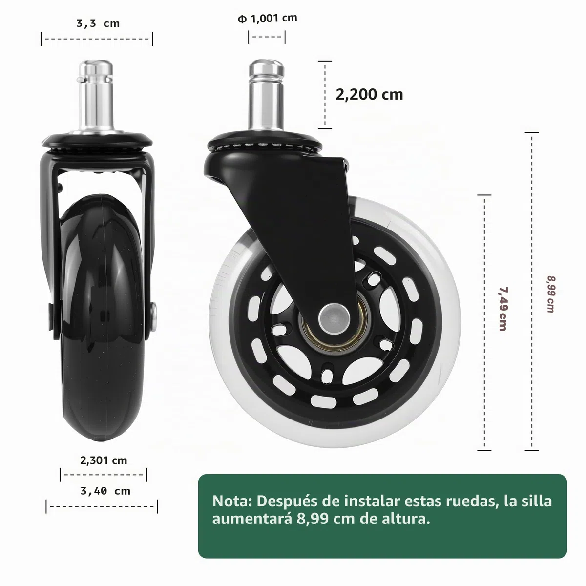 5 piezas Ruedas Silla Oficina, Ruedas para sillas oficina 11 mm x 22 mm, MAX 300kg, Rotación suave y ultra silenciosa de 360 ​​grados, para Pisos duros, paneles, alfombra, laminado y azulejos