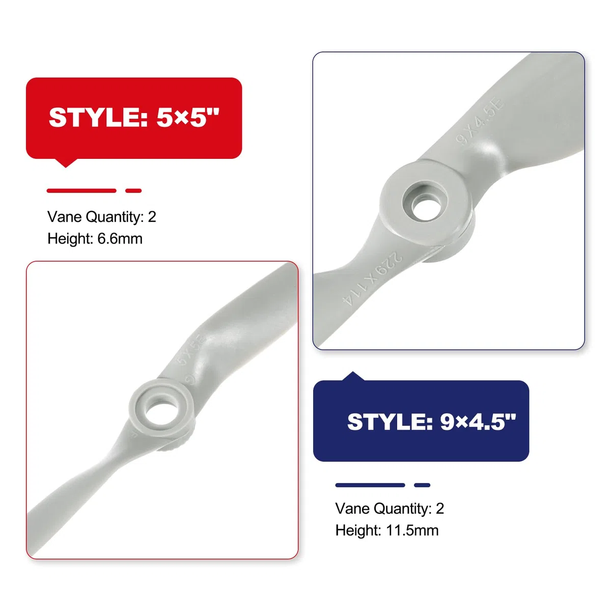 QUARKZMAN 9x4.5" 9x4.5" Hélice de Avión RC 2 Aspas con Anillos Adaptadores Hojas de Hélice RC para Aviones Eléctricos, 4 Pcs, Gris