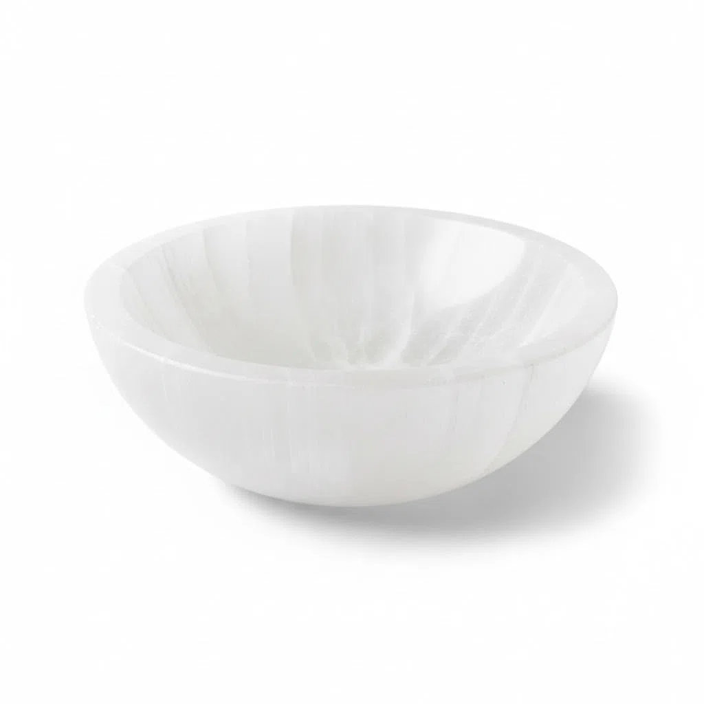 Genérico Cuenco de cristal de selenita natural, redondo, cuenco decorativo de cuarzo tallado a mano para la decoración del hogar. (10 Cm)