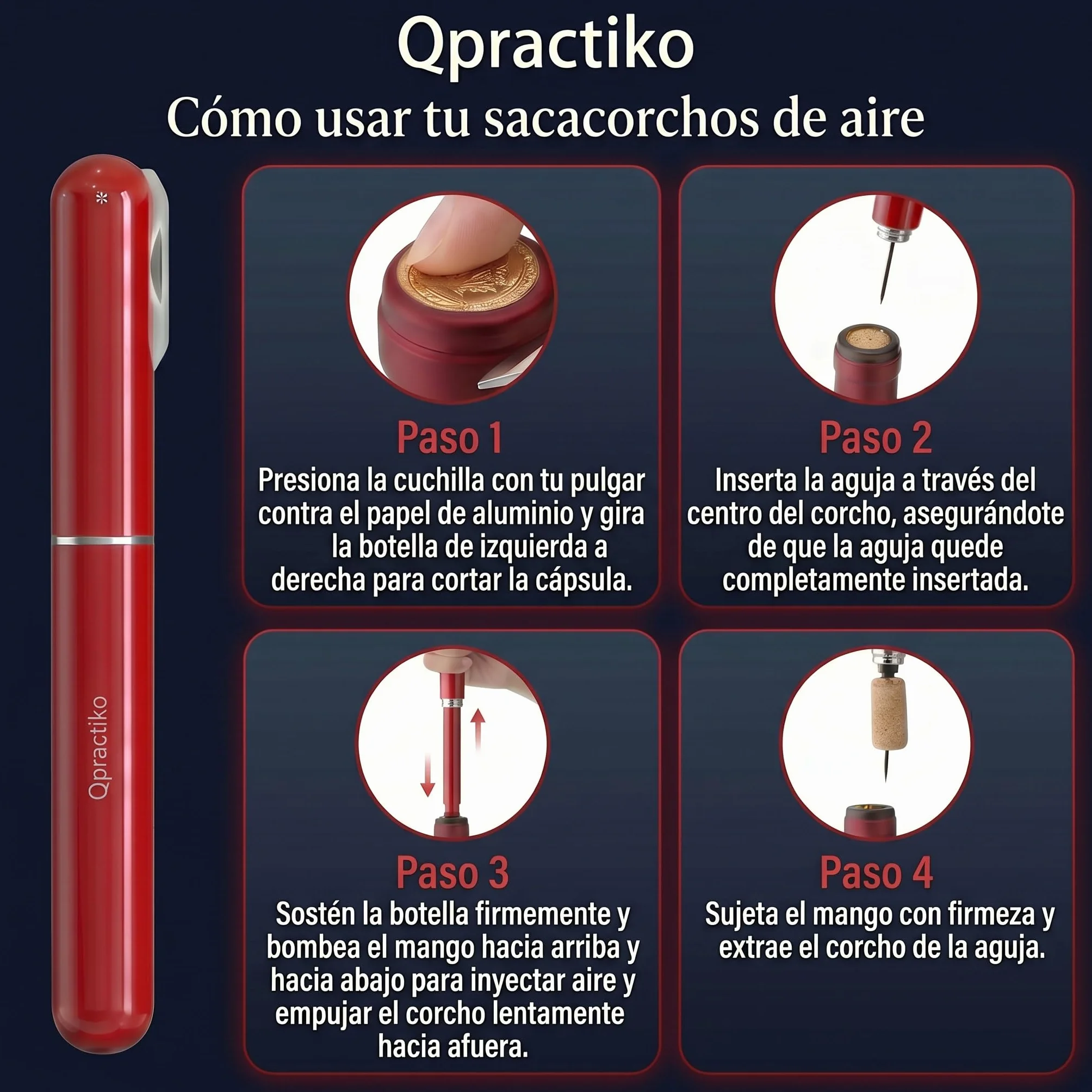 Sacacorchos de aire a presión con aguja inox | ABS resistente, 3 pasos de uso, extrae el corcho, apto para corchos naturales