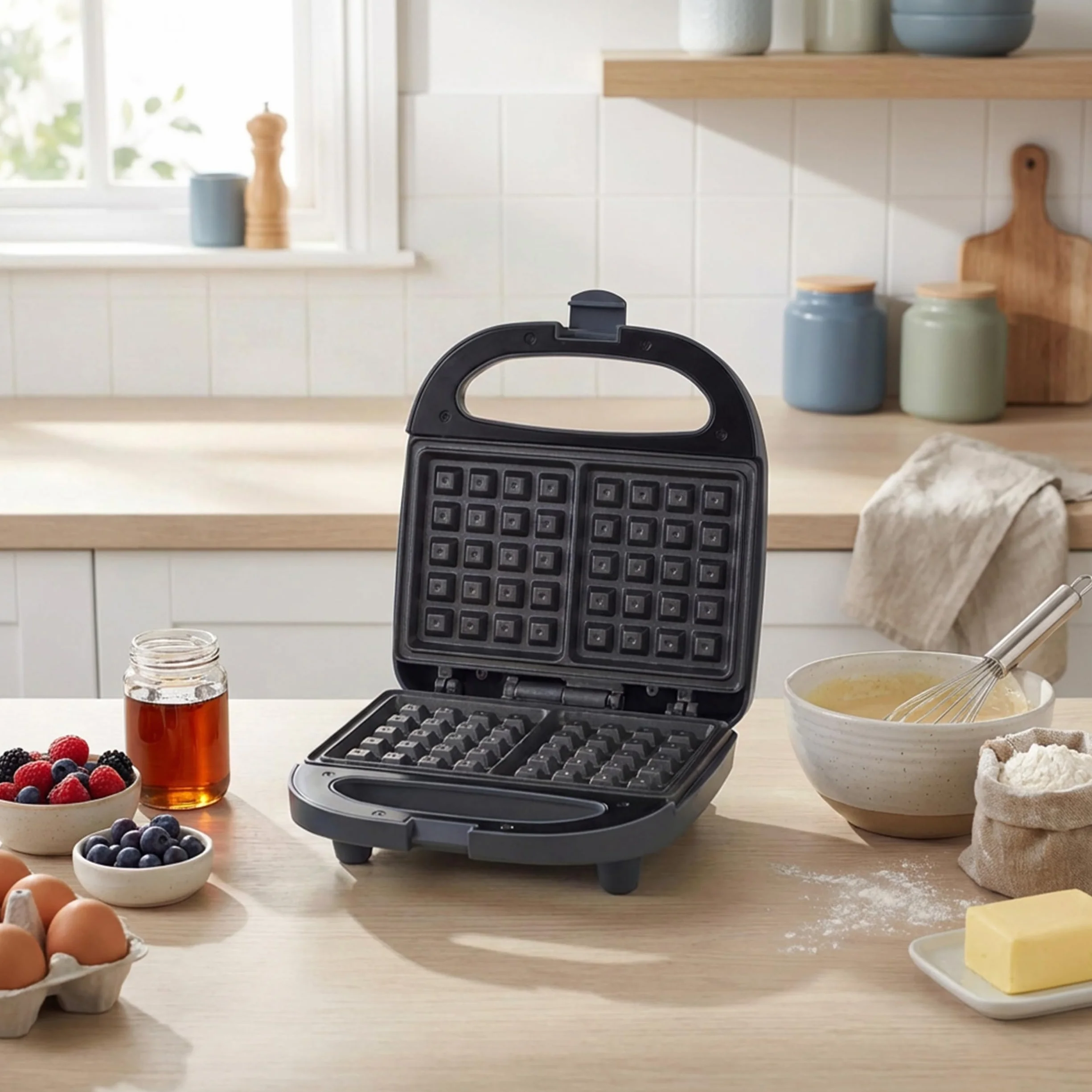 Progress Mellow Waffle Maker - 2 rebanadas, control automático de temperatura, luces indicadoras de encendido/listo, placas de cocción antiadherentes, asas de transporte frías al tacto, 750 W