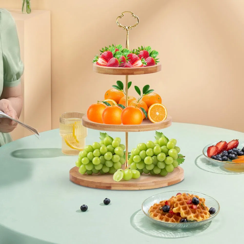 Soporte Para Tartas de Madera, 3 Niveles, Soporte Tarta, Soporte Redondo para Postres, Frutas y Tartas, con Mango de Metal, para Fiestas de Cumpleaños, Bodas, Té de la Tarde