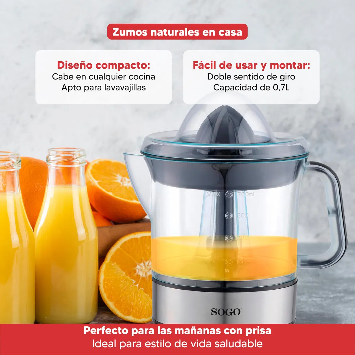SOGO Exprimidor de Naranjas Eléctrico Silencioso y Potente - Exprimidor Eléctrico de Limones y Naranjas con Tapa -Para Zumo de Naranja y Cítricos con 40W de Potencia y 0,7L de Capacidad