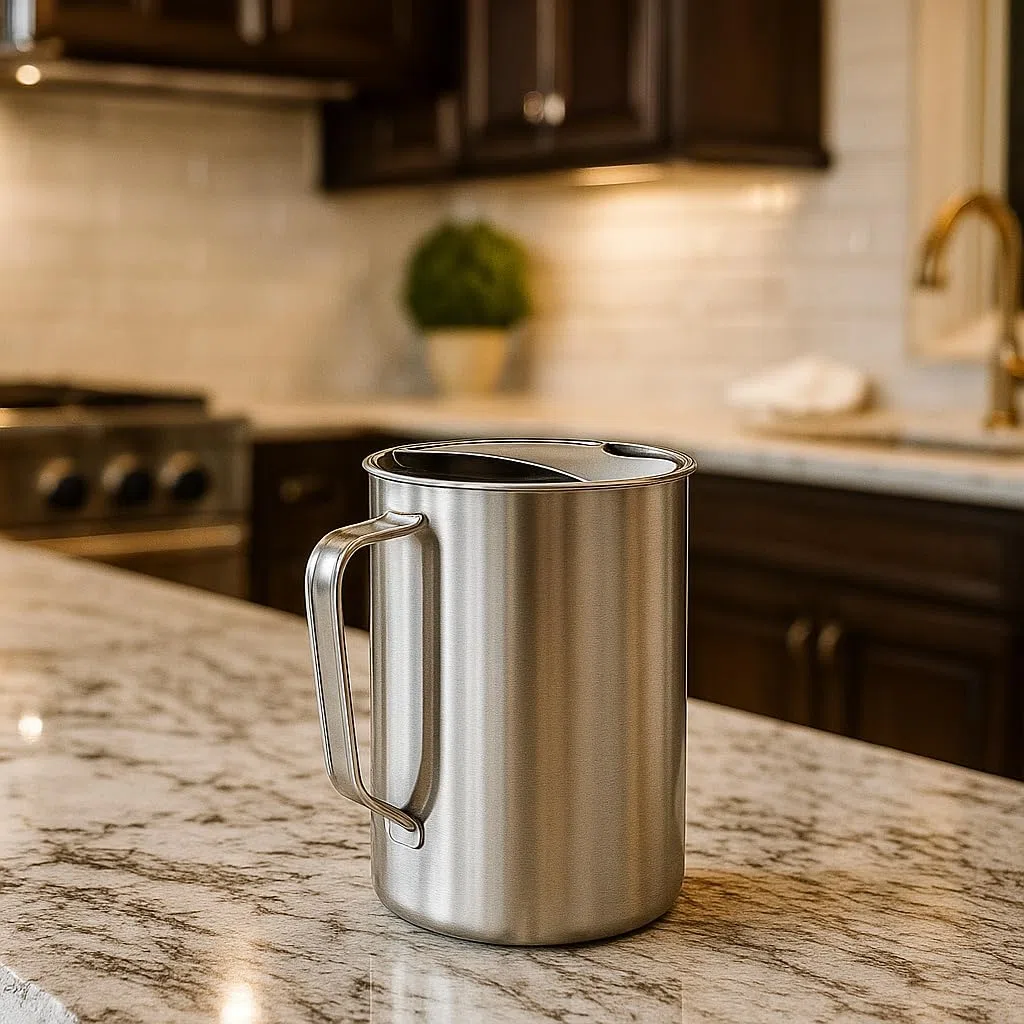 Jarra de Agua de Acero Inoxidable 1,8 Litros - Jarra Metálica con Asa y Tapa apta para Agua, Té, Limonada, Zumos y Bebidas Frías o Calientes - Botella Ideal para Mesa y Cocina