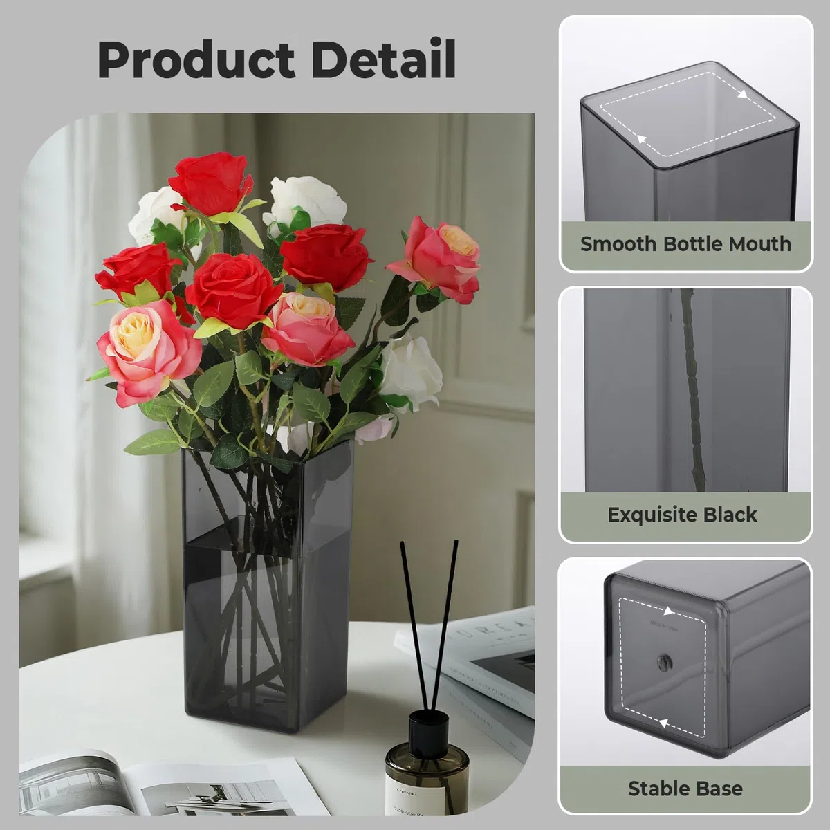 Segus Jarrones de Flores de Acrílico, 12 X 25cm Jarrón Rectangular, Floreros Decorativos Modernos, para Centro de Mesa Moderno para Hogar (Negro Translúcido)