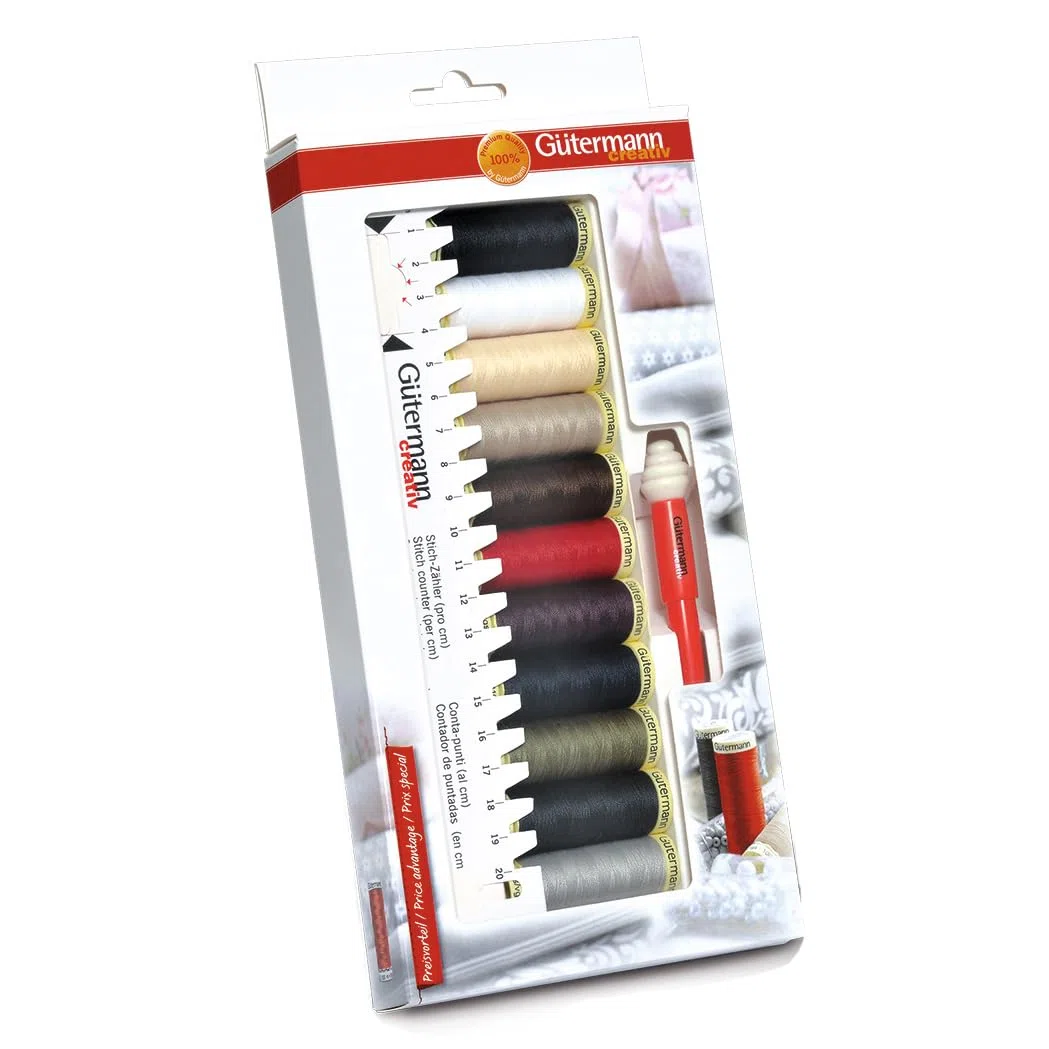 Gütermann creativ Set hilo de coser con 11 bobinas de Coselotodo de 100 m en los colores básicos + regleta + Seam-fix mini