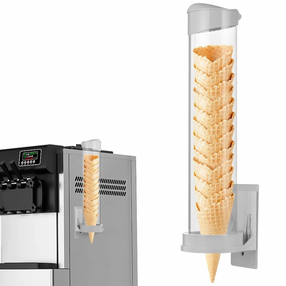 Dispensador de Conos de Helado, Soporte para Conos de Waffle, Tubo de Plástico para Almacenar Conos de Waffle con Placa Magnética y Placa Adhesiva.