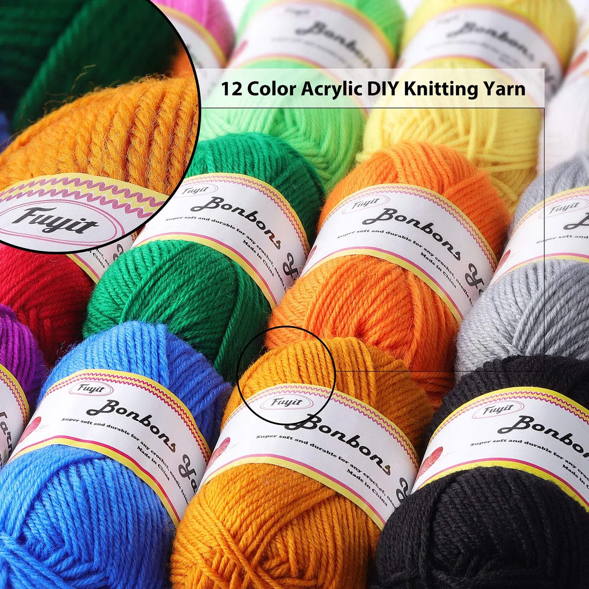 Fuyit Hilo de Tejer Acrílico de 600g (12 Colores x 50g) con 2 Agujas de Crochet, 100% Ovillos Acrílicos Perfectos para Cualquier Proyecto de Crochet y DIY Tejido