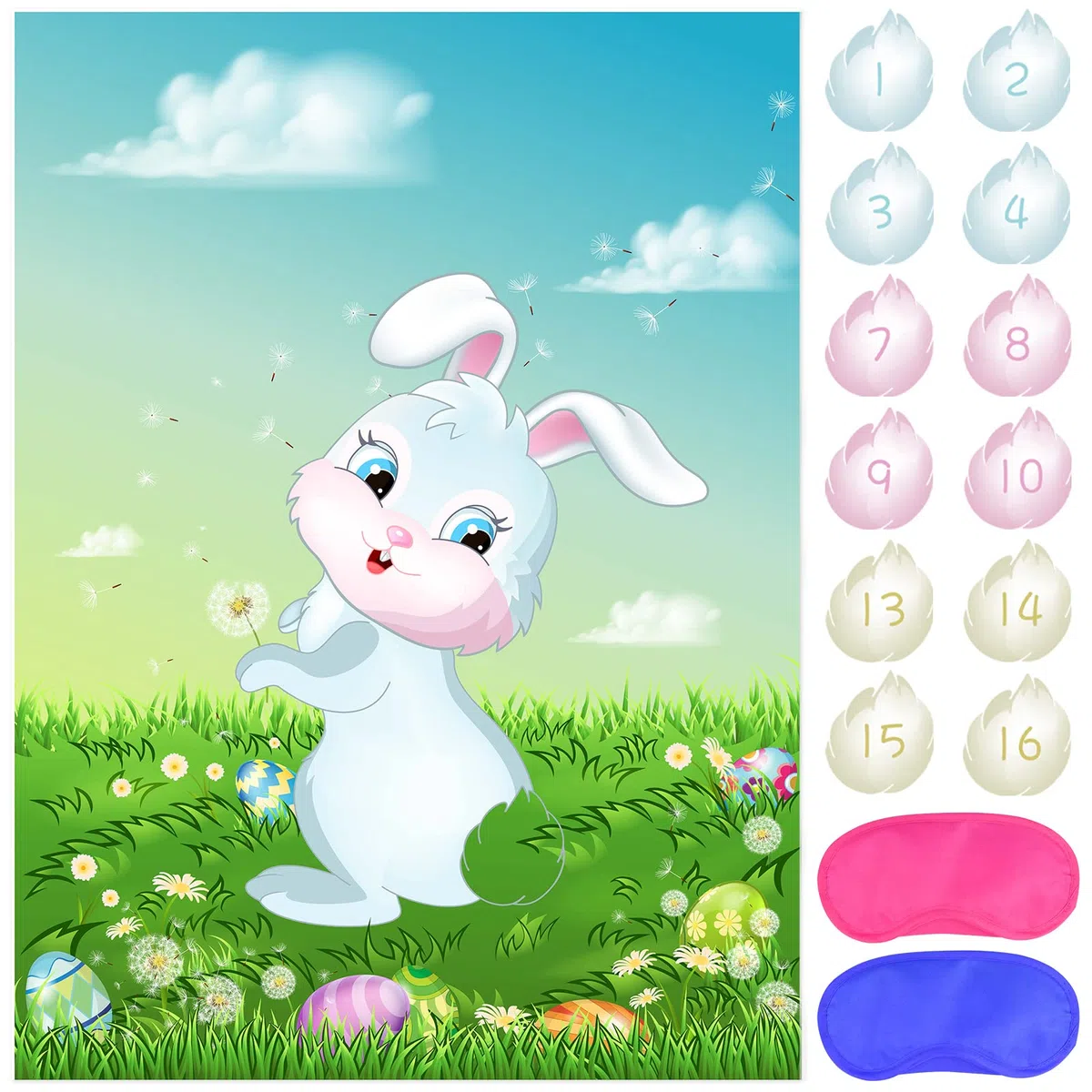 ASTARON Pin The Tail on The Bunny con 24 Uds. De Colas de Conejo, Juego de Fiesta de Pascua para niños, Suministros de decoración para Fiesta de Pascua Feliz