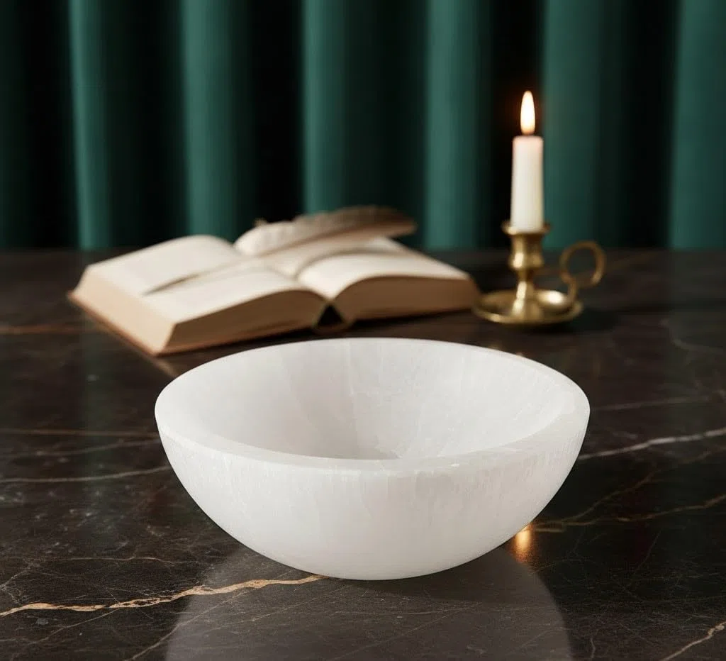 Genérico Cuenco de cristal de selenita natural, redondo, cuenco decorativo de cuarzo tallado a mano para la decoración del hogar. (10 Cm)