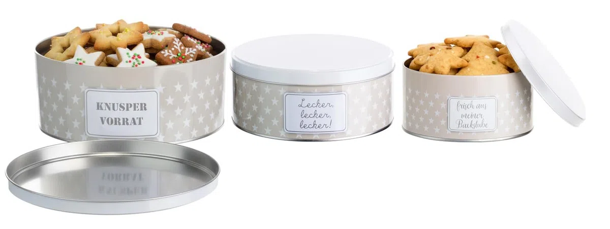 Brandsseller Juego de 3 latas para galletas de metal – redondas, apilables y con tapa – aptas para alimentos, ideales para guardar dulces, galletas y pastas navideñas – diseño estrellas gris