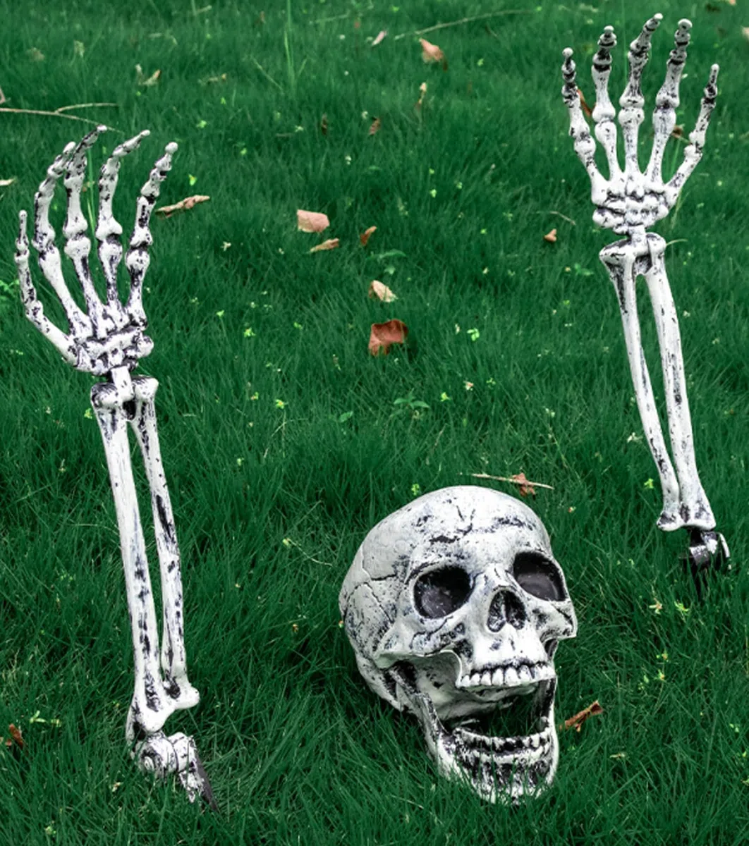 Decoración Halloween de Cabeza y Manos de Esqueleto Falso, 3 pcs Halloween Bones Decoraciones Esqueleto, Cráneo Falso con Huesos de Mano Realista, Decoración de Halloween de Fiesta en Casa
