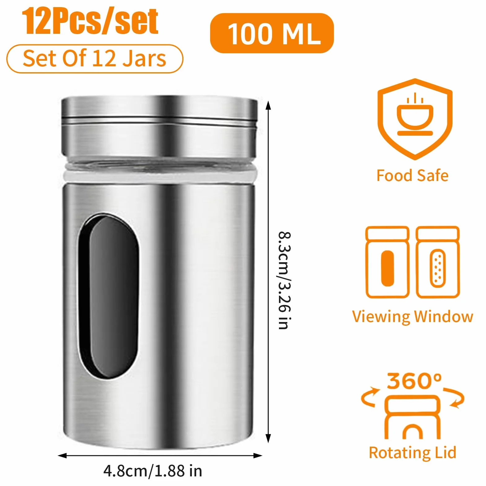 12Pcs 100ml Botes Especias con 3 Tipos Dosificadores, Tarros Acero Cristal Inoxidable Lavavajillas, Frascos Espaciarías Sal Pimienta Cocina para Conservar y Dosificar Pimentón, Polvos, Hierbas Secas