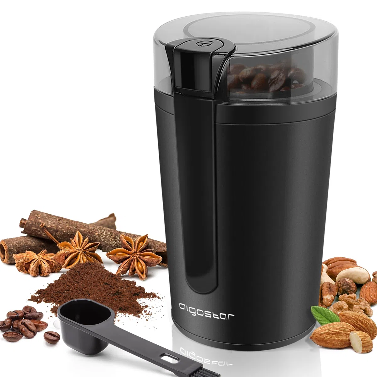 Aigostar Molinillo de Café Eléctrico, con Cuchilla de Acero Inoxidable, Semillas Especias Frutos Secos Molinos de Cuchillas de 200W Potencia, Capacidad 60gr con Cepillo para Limpieza, Libre de BPA
