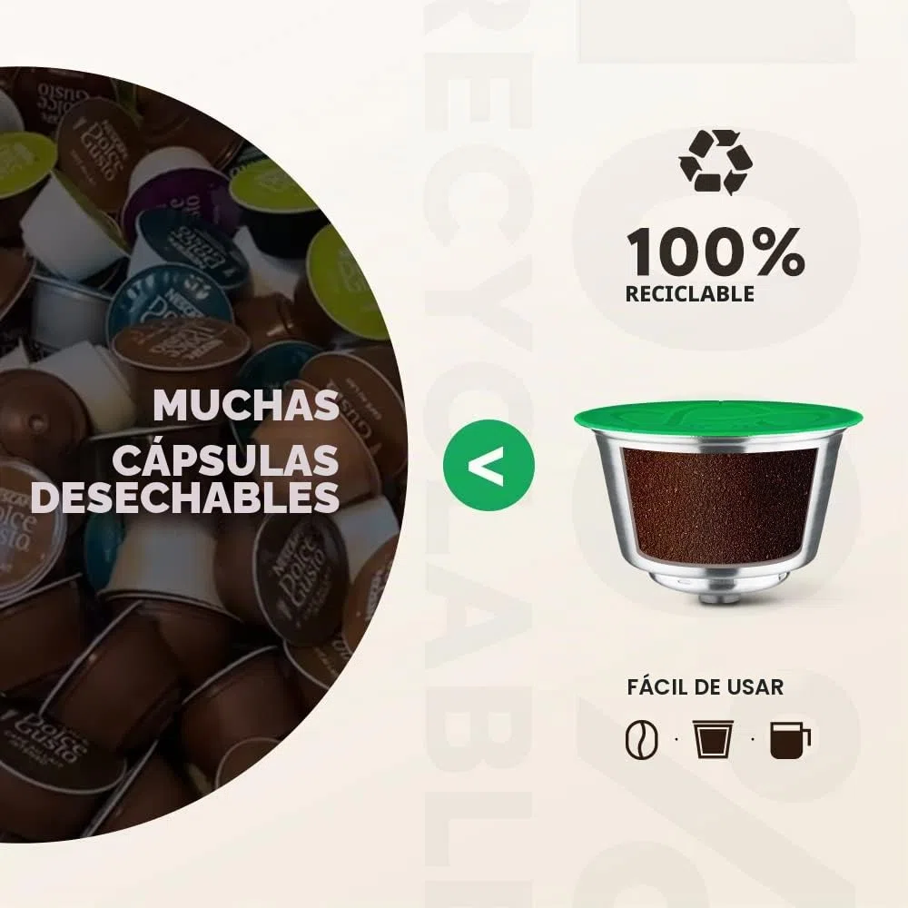 Capsules rechargeables Filtres à dosettes de café réutilisables compatibles avec les brasseurs Dolce Gusto avec cuillère et brosse (1 cápsula, 1 tamper)
