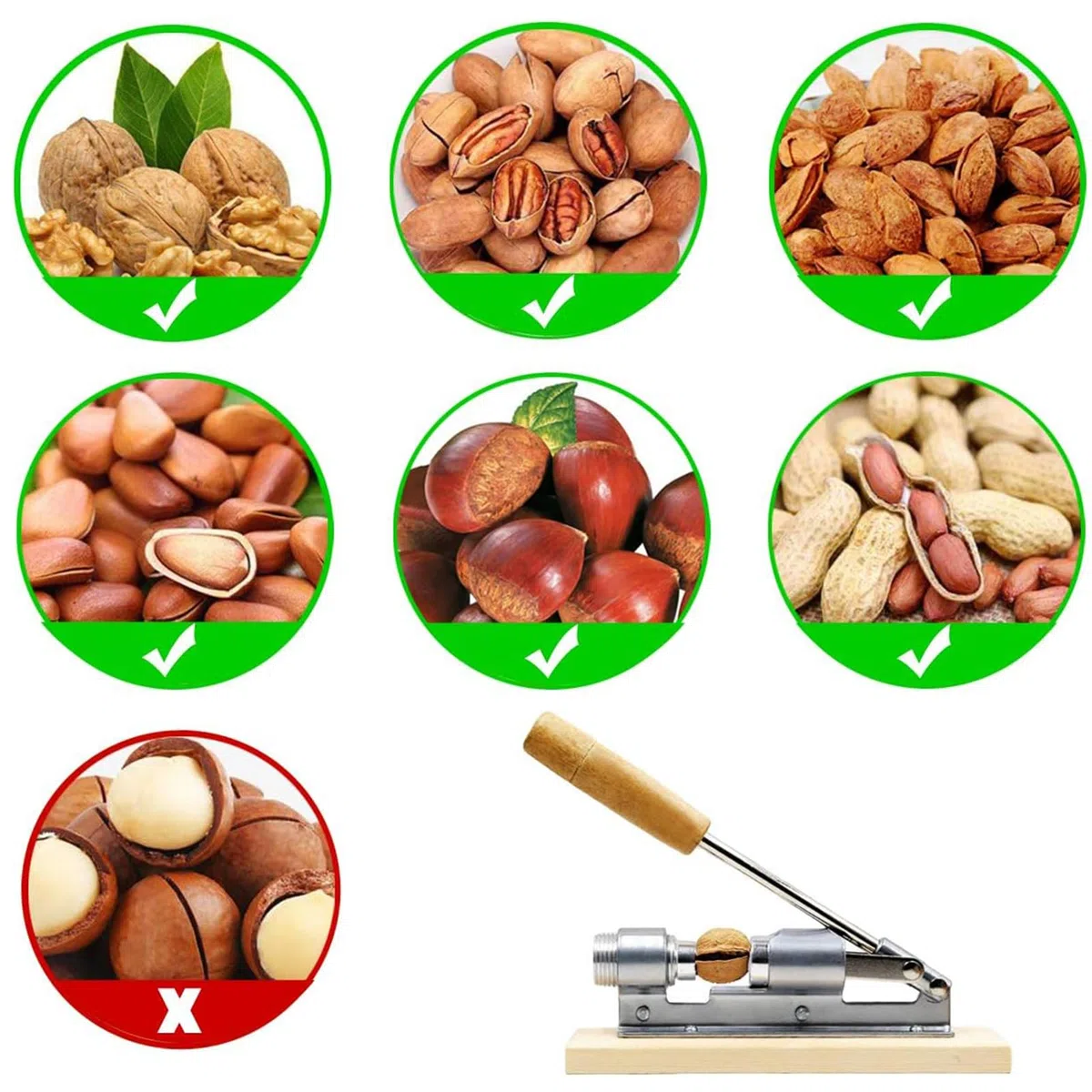 artcome Heavy Duty Pecan cascanueces herramienta con 1 franela bolsa de 4 púas, mango de madera y Base