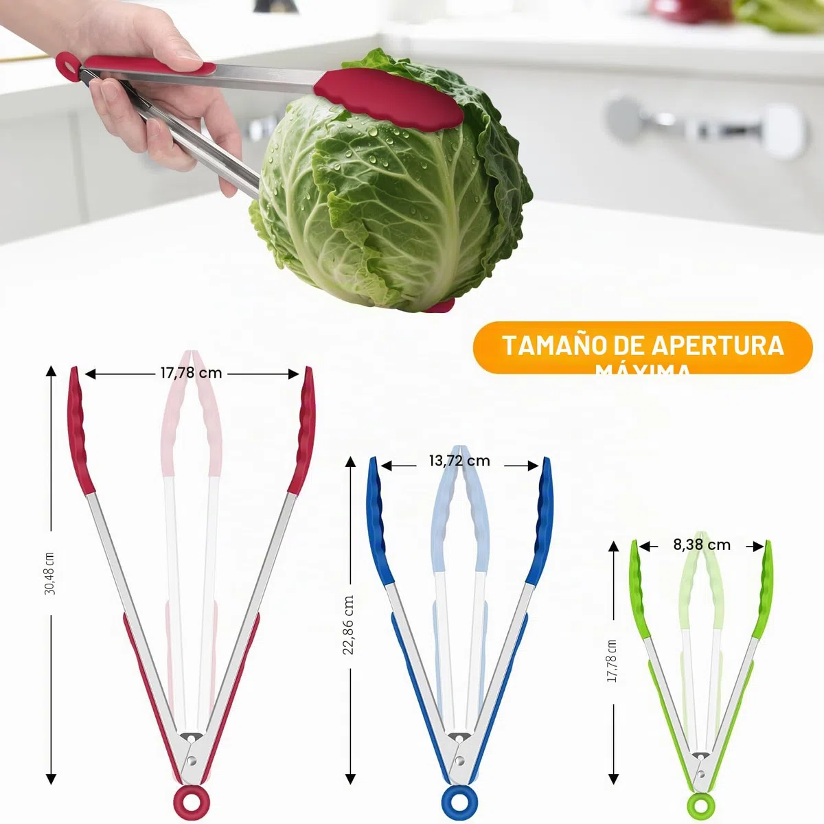 Hotec Pinzas de Cocina de Acero Inoxidable con Puntas de Silicona, 17.8cm, 23cm, 30.5cm,Multicolor